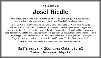 Traueranzeige von Josef Riedle von Allgäuer Zeitung, Marktoberdorf