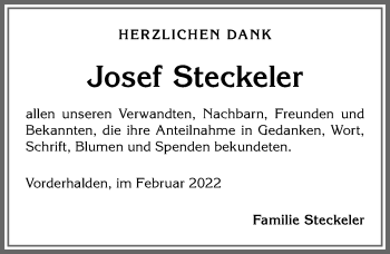 Traueranzeige von Josef Steckeler von Allgäuer Anzeigeblatt