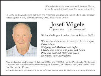 Traueranzeige von Josef Vögele von Der Westallgäuer