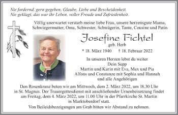 Traueranzeige von Josefine Fichtel von Allgäuer Zeitung, Marktoberdorf