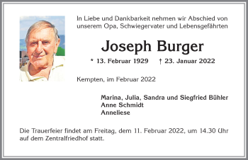 Traueranzeige von Joseph Burger von Allgäuer Zeitung, Füssen