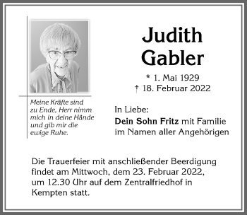 Traueranzeige von Judith Gabler von Allgäuer Zeitung,Kempten