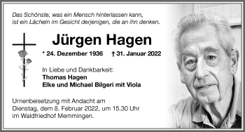 Traueranzeige von Jürgen Hagen von Memminger Zeitung