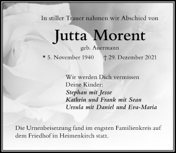 Traueranzeige von Jutta Morent von Der Westallgäuer