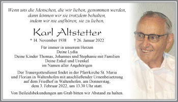 Traueranzeige von Karl Altstetter von Allgäuer Zeitung, Füssen