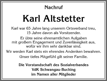 Traueranzeige von Karl Altstetter von Allgäuer Zeitung, Füssen