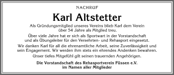 Traueranzeige von Karl Altstetter von Allgäuer Zeitung, Füssen