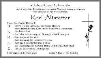 Traueranzeige von Karl Altstetter von Allgäuer Zeitung, Füssen