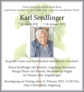 Traueranzeige von Karl Sendlinger von Allgäuer Zeitung