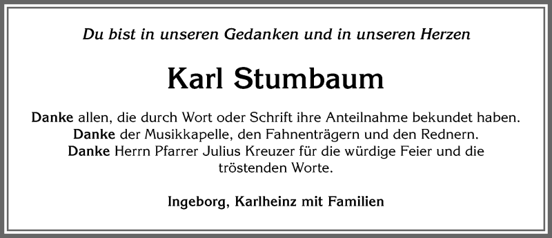  Traueranzeige für Karl Stumbaum vom 05.02.2022 aus Allgäuer Zeitung, Kaufbeuren/Buchloe