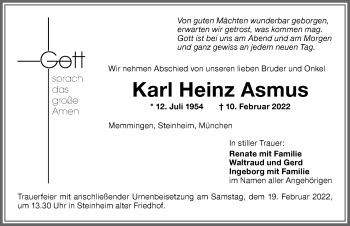 Traueranzeige von Karl Heinz Asmus von Memminger Zeitung