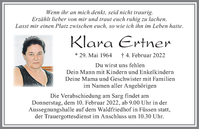  Traueranzeige für Klara Ertner vom 09.02.2022 aus Allgäuer Zeitung, Füssen