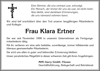 Traueranzeige von Klara Ertner von Allgäuer Zeitung, Füssen