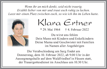 Traueranzeige von Klara Ertner von Allgäuer Zeitung, Füssen