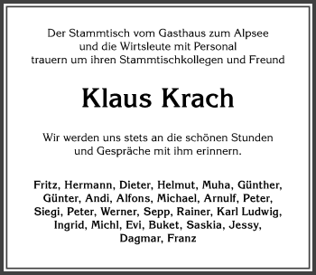 Traueranzeige von Klaus Krach von Allgäuer Anzeigeblatt