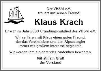 Traueranzeige von Klaus Krach von Allgäuer Anzeigeblatt