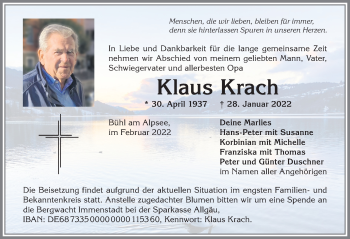 Traueranzeige von Klaus Krach von Allgäuer Anzeigeblatt