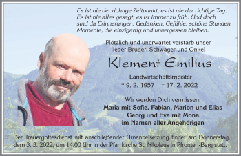 Traueranzeige von Klement Emilius von Allgäuer Zeitung, Füssen