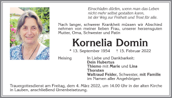 Traueranzeige von Kornelia Domin von Allgäuer Zeitung,Kempten