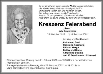Traueranzeige von Kreszenz Feierabend von Memminger Zeitung