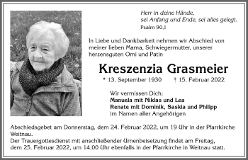 Traueranzeige von Kreszenzia Grasmeier von Allgäuer Zeitung,Kempten