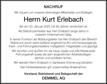 Traueranzeige von Kurt Erlebach von Der Westallgäuer