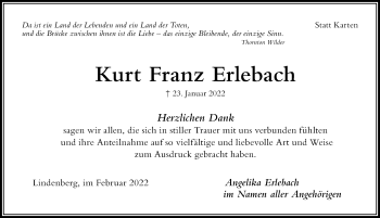 Traueranzeige von Kurt Franz Erlebach von Der Westallgäuer
