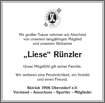 Traueranzeige von Liese Rünzler von Allgäuer Anzeigeblatt