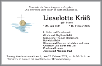 Traueranzeige von Lieselotte Kräß von Memminger Zeitung