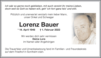Traueranzeige von Lorenz Bauer von Allgäuer Zeitung
