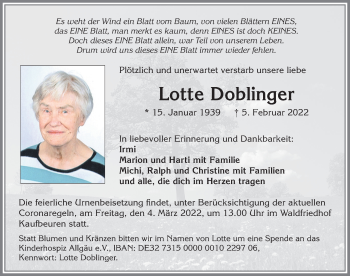 Traueranzeige von Lotte Doblinger von Allgäuer Zeitung, Kaufbeuren/Buchloe