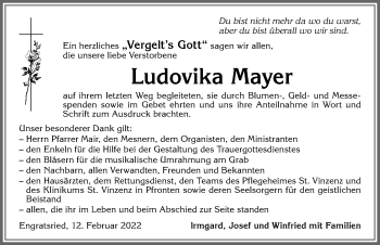 Traueranzeige von Ludovika Mayer von Allgäuer Zeitung, Marktoberdorf