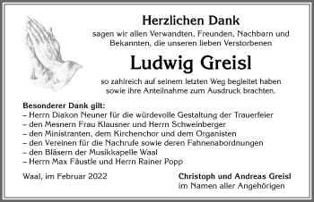 Traueranzeige von Ludwig Greisl von Allgäuer Zeitung, Kaufbeuren/Buchloe