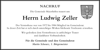 Traueranzeige von Ludwig Zeller von Der Westallgäuer