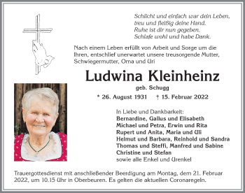Traueranzeige von Ludwina Kleinheinz von Allgäuer Zeitung, Kaufbeuren/Buchloe