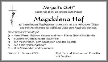 Traueranzeige von Magdalena Haf von Allgäuer Zeitung, Marktoberdorf