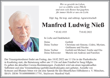 Traueranzeige von Manfred Ludwig Nieß von Allgäuer Zeitung, Füssen