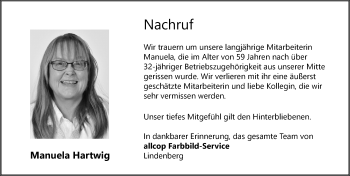 Traueranzeige von Manuela Hartwig von Der Westallgäuer