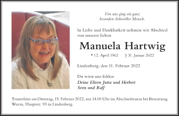 Traueranzeige von Manuela Hartwig von Der Westallgäuer