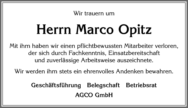  Traueranzeige für Marco Opitz vom 22.02.2022 aus Allgäuer Zeitung, Marktoberdorf