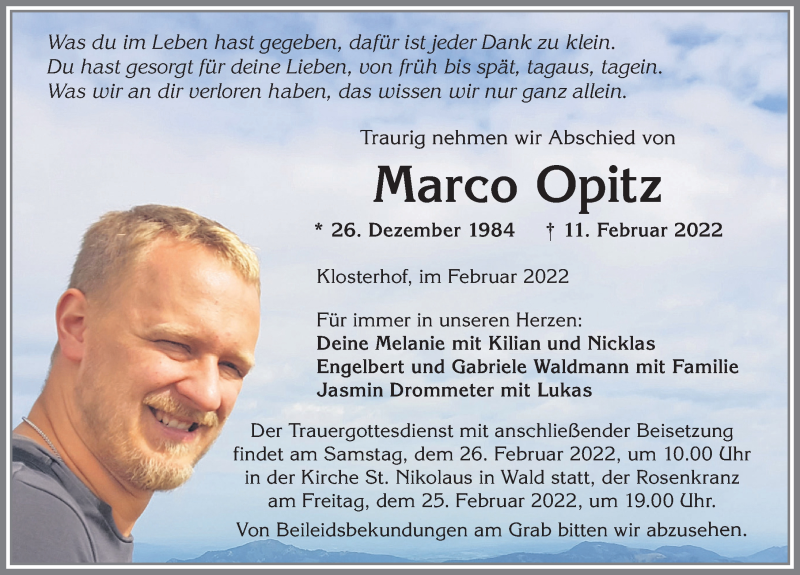  Traueranzeige für Marco Opitz vom 19.02.2022 aus Allgäuer Zeitung, Marktoberdorf