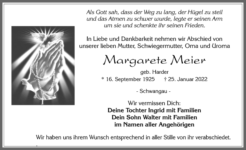  Traueranzeige für Margarete Meier vom 03.02.2022 aus Allgäuer Zeitung, Füssen