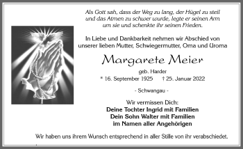 Traueranzeige von Margarete Meier von Allgäuer Zeitung, Füssen