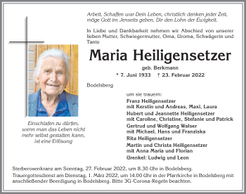 Traueranzeige von Maria Heiligensetzer von Allgäuer Anzeigeblatt
