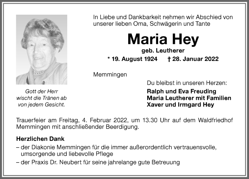  Traueranzeige für Maria Hey vom 02.02.2022 aus Memminger Zeitung