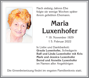 Traueranzeige von Maria Luxenhofer von Allgäuer Zeitung,Kempten