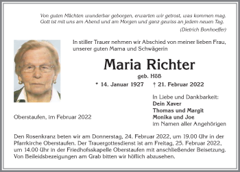 Traueranzeige von Maria Richter von Allgäuer Anzeigeblatt