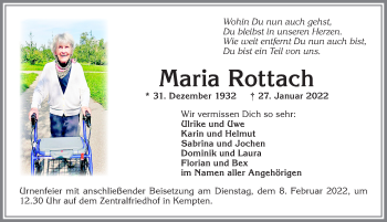 Traueranzeige von Maria Rottach von Allgäuer Zeitung,Kempten