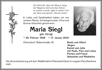 Traueranzeige von Maria Siegl von Allgäuer Anzeigeblatt