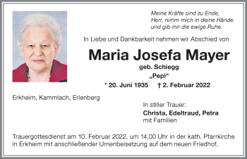 Traueranzeige von Maria Josefa Mayer von Memminger Zeitung